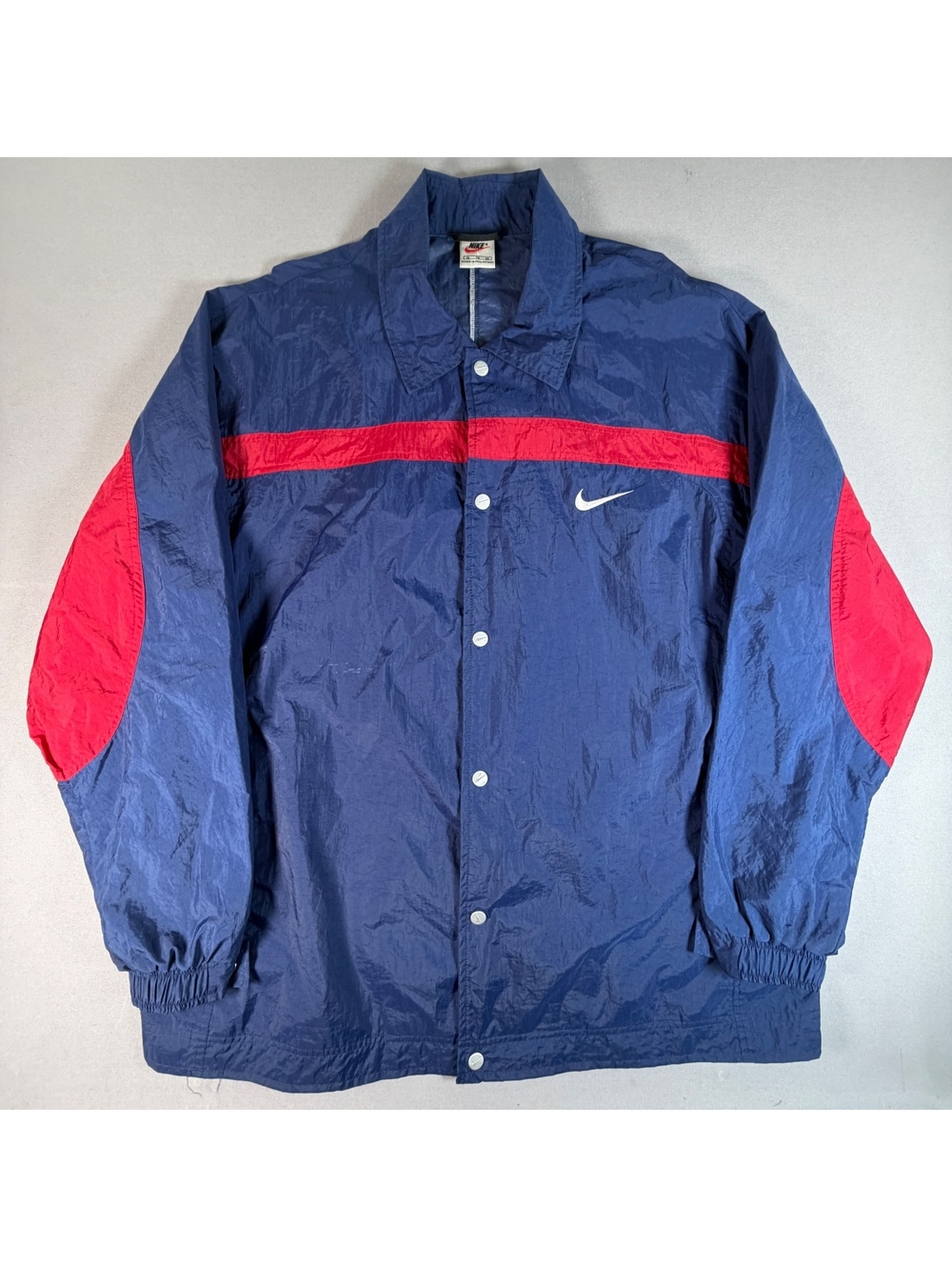 VTG 90s Nike Windbreaker Jacket Mens XL Navy Red Snap Button Swoosh Colorblock